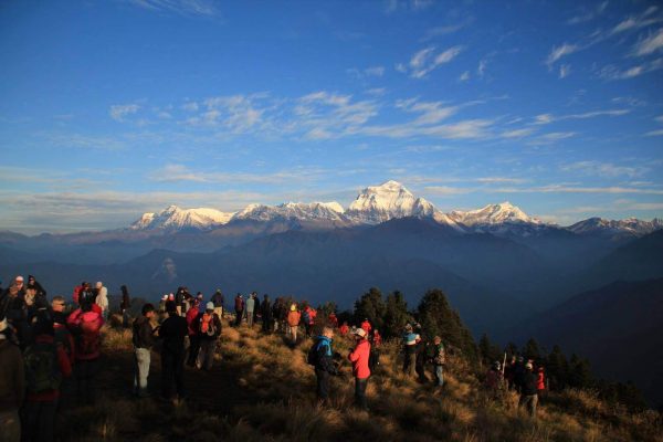 Viele Menschen stehen auf einem grasbewachsenen Abhang und schauen zu den schneebedeckten Gipfeln