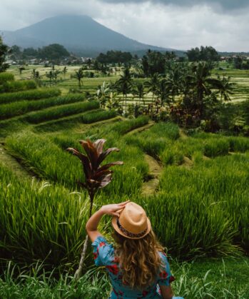 Frau blickt auf Reisterrassen in Bali, Indonesien